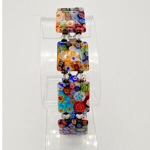 Artisan Millefiori Tile Bracelet w/ Hand‑Fabricated SS 925 & Lapis Lazuli Clasp